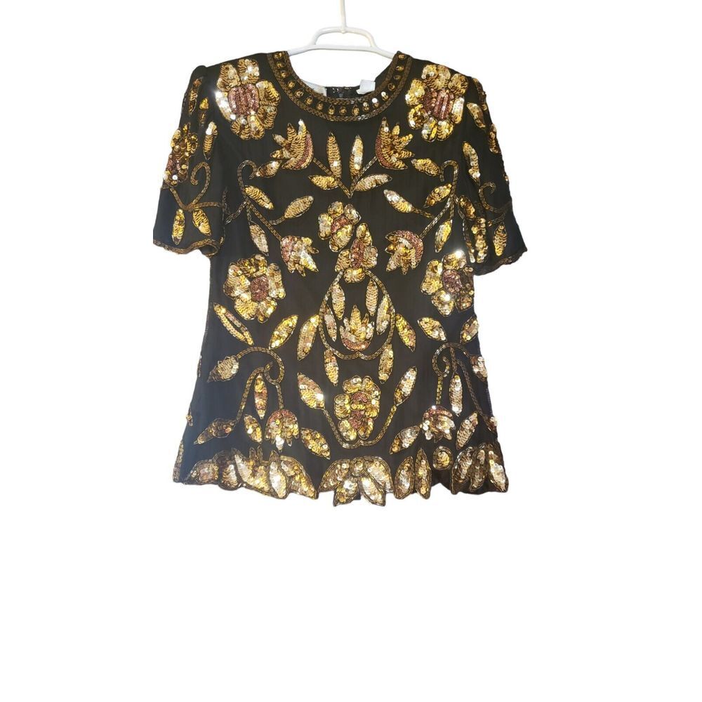 Vintage Stenay Black Gold Sequin Beaded Silk Blouse Top Size 8 Elegant Formal